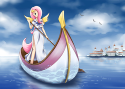 Size: 701x496 | Tagged: safe, artist:i_pup, fluttershy, human, g4, aria, boat, clothes, female, gondola, hairpin, humanized, long skirt, looking at you, pixiv, skirt, solo, tailed humanization, winged humanization