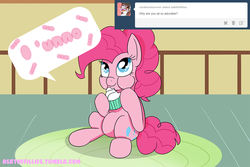 Size: 1200x800 | Tagged: safe, artist:askthefillies, pinkie pie, earth pony, pony, ask the fillies, g4, ask, cupcake, female, food, looking up, mare, sitting, solo, tumblr