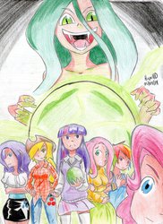 Size: 699x960 | Tagged: safe, artist:hopelld, applejack, fluttershy, pinkie pie, queen chrysalis, rainbow dash, rarity, twilight sparkle, human, g4, humanized, mane six, traditional art