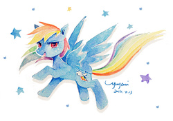 Size: 748x526 | Tagged: safe, artist:yuyani-sama, rainbow dash, g4, female, pixiv, solo, traditional art, watercolor painting