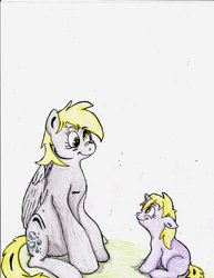 Size: 742x960 | Tagged: safe, artist:balderdash666, derpy hooves, dinky hooves, pegasus, pony, unicorn, g4, duo, equestria's best mother, female, mare, smiling, traditional art