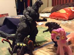 Size: 1024x764 | Tagged: safe, pinkie pie, kaiju, g4, bandai, crossover, femuto, godzilla, godzilla (series), godzilla 2014, muto, rainbow power, toy