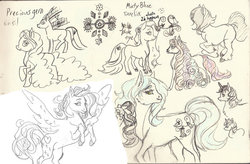 Size: 900x590 | Tagged: safe, artist:ackryllis, misty blue, precious gem, star catcher, g3, monochrome, sketch dump, traditional art