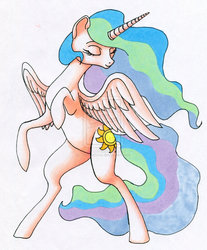 Size: 1024x1236 | Tagged: safe, artist:ihmislehma, princess celestia, g4, belly, bipedal, dancing, eyes closed, female, round belly, solo, traditional art