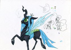 Size: 1024x718 | Tagged: safe, artist:ihmislehma, nightmare moon, queen chrysalis, twilight sparkle, changeling, changeling queen, g4, female, traditional art