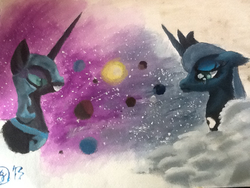Size: 960x720 | Tagged: safe, artist:theoddlydifferentone, nightmare moon, princess luna, g4, crying, duality, duo, space, surreal, traditional art