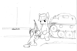 Size: 1023x674 | Tagged: safe, artist:php64, pony, carnation, carnation revolution, duo, gun, monochrome, ponified, portugal, rifle, tank (vehicle), traditional art, weapon