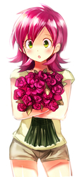 Size: 367x813 | Tagged: dead source, safe, artist:re_ghotion, roseluck, human, g4, anime, blushing, clothes, female, flower, humanized, looking at you, open mouth, rose, shorts, simple background, solo, white background