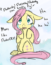 Size: 1163x1496 | Tagged: safe, artist:8-bit-goat, fluttershy, pegasus, pony, g4, hurricane fluttershy, bullying, crying, dialogue, female, filly, floppy ears, looking at you, pun, sad, scene interpretation, solo