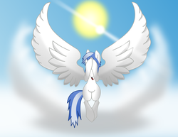 Size: 5782x4466 | Tagged: safe, artist:sky slicer, artist:taigalife, oc, oc only, oc:sky slicer, pegasus, pony, absurd resolution, base used, child bearing hips, cloud, covering face, day, female, flash drive, flying, hips, inkscape, large wings, mare, pegasus oc, shading, sky, soar, solo, spiky mane, spread wings, sun, vector, wide hips, wings