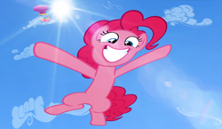 Size: 1980x1152 | Tagged: safe, artist:flare-chaser, pinkie pie, g4, cloud, falling, female, grin, happy, hot air balloon, jumping, lens flare, looking at you, plummet, sky, skydive, skydiving, smiling, solo, squee, sun, this will end in pain