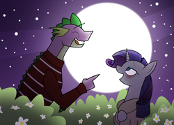 Size: 2100x1500 | Tagged: safe, artist:citrusking46, rarity, spike, g4, blushing, clothes, coat, female, it's a wonderful life, male, moon, older, older spike, ship:sparity, shipping, straight, sweater