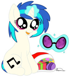 Size: 845x945 | Tagged: safe, artist:cheshires-palace, dj pon-3, vinyl scratch, g4, christmas, christmas stocking, female, glasses, magic, open mouth, solo, younger