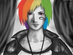 Size: 900x675 | Tagged: safe, artist:cyrix-s, rainbow dash, human, g4, bandaid, clothes, female, humanized, jacket, solo