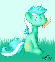 Size: 1396x1573 | Tagged: safe, artist:icy wings, lyra heartstrings, human, pony, unicorn, g4, chin scratch, cute, eyes closed, grass, hand, lyrabetes, scratching, sitting, smiling