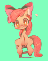 Size: 476x600 | Tagged: safe, artist:rikose, apple bloom, pony, g4, blushing, female, pictogram, question mark, sitting, solo, stool