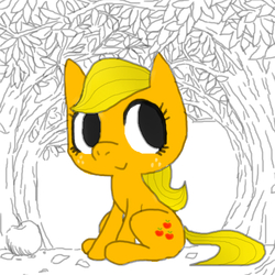 Size: 600x600 | Tagged: safe, artist:lovemintchoco, applejack, g4, female, sitting, solo, younger