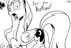 Size: 1280x865 | Tagged: safe, artist:cs, princess luna, alicorn, pony, g4, butt, female, frown, grayscale, heart, looking at you, looking back, mare, monochrome, moonbutt, open mouth, plot, raised hoof, raised leg, ruffian, simple background, solo, tongue out, white background, wide eyes