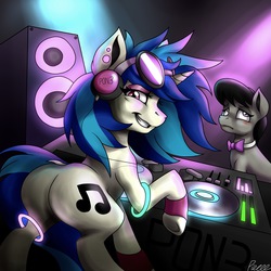 Size: 2400x2400 | Tagged: safe, artist:whitepone, dj pon-3, octavia melody, vinyl scratch, g4, anklet, bedroom eyes, blushing, butt, dock, earring, eyeroll, frown, glowstick, grin, headphones, high res, looking at you, looking back, plot, raised hoof, raised tail, smiling, speaker, turntable, unamused, underhoof, wristband