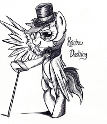 Size: 2295x2644 | Tagged: safe, artist:navigatoralligator, rainbow dash, g4, bipedal leaning, cane, classy, clothes, female, grayscale, grin, hat, high res, looking at you, monochrome, monocle, necktie, smiling, solo, spread wings, suit, top hat