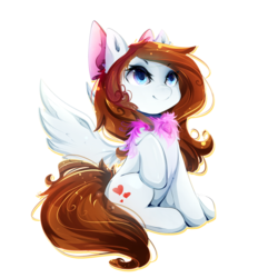Size: 2000x2000 | Tagged: safe, artist:koveliana, oc, oc only, oc:akira, pegasus, pony, bow, chromatic aberration, color porn, cute, hair bow, high res, jewelry, lidded eyes, looking up, necklace, raised hoof, simple background, sitting, smiling, solo, spread wings, transparent background