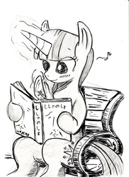 Size: 638x874 | Tagged: safe, artist:餅納豆x, twilight sparkle, pony, unicorn, g4, bench, book, female, grayscale, monochrome, pixiv, reading, sitting, solo, unicorn twilight