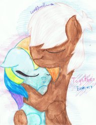 Size: 782x1021 | Tagged: safe, artist:loverdandluna2, dumbbell, rainbow dash, g4, female, floppy ears, hug, male, ship:dumbdash, shipping, smiling, straight, traditional art