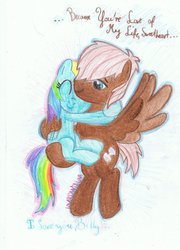 Size: 759x1052 | Tagged: safe, artist:loverdandluna, dumbbell, rainbow dash, g4, dialogue, dumbdash, female, flying, hug, male, shipping, smiling, straight, traditional art