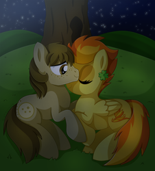 Size: 1143x1266 | Tagged: safe, artist:mintystitch, spitfire, oc, oc:chocolate chips, earth pony, pegasus, pony, g4, canon x oc, clover, eyes closed, female, firechips, four leaf clover, freckles, hug, love, male, mare, night, shipping, stallion, stars, straight, tree