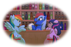 Size: 1145x750 | Tagged: safe, artist:carnifex, rainbow dash, twilight sparkle, oc, oc:rei-zero, alicorn, pony, g4, alcohol, bar, bartender, cleaning, female, floppy ears, glass, leaning, mare, open mouth, sitting, smiling, spread wings, stool, twilight sparkle (alicorn)
