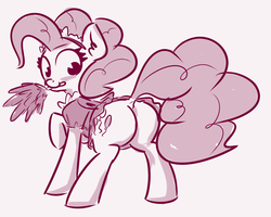 Size: 1280x1026 | Tagged: safe, artist:nobody, pinkie pie, earth pony, pony, g4, blushing, butt, clothes, duster, female, maid, mare, monochrome, mouth hold, plot, solo