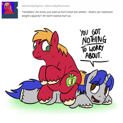 Size: 500x500 | Tagged: safe, artist:timsplosion, big macintosh, oc, earth pony, pony, unicorn, g4, ask, chubby, male, sitting on pony, tumblr