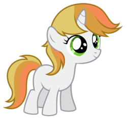 Size: 1392x1376 | Tagged: safe, artist:unoriginai, oc, oc only, oc:blushing golden, pony, unicorn, blank flank, female, filly, offspring, parent:braeburn, parent:twilight sparkle, parents:twiburn, smiling, solo