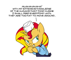 Size: 555x472 | Tagged: safe, artist:carnifex, sunset shimmer, pony, g4, fast food, female, pure unfiltered evil, scheming, solo