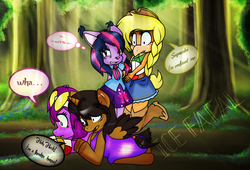 Size: 1400x952 | Tagged: safe, artist:rosesx, artist:sonadowroxmyworld, applejack, twilight sparkle, anthro, g4, clothes, crossover, equestria girls outfit, nicole, ponified, sonic the hedgehog (series), sonicified, species swap, wave the swallow