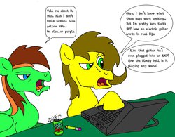 Size: 1012x789 | Tagged: safe, artist:dragonboi471, oc, oc only, oc:neon streak, oc:pitch bend, equestria girls, g4, my little pony equestria girls: rainbow rocks, computer, laptop computer, mountain dew