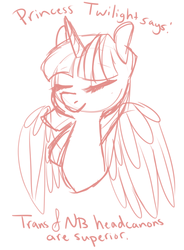 Size: 500x678 | Tagged: source needed, useless source url, safe, artist:8-bit-goat, twilight sparkle, alicorn, pony, g4, bust, eyes closed, female, gender headcanon, mare, monochrome, mouthpiece, nonbinary, portrait, simple background, sketch, solo, transgender, twilight sparkle (alicorn), white background