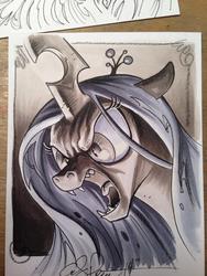 Size: 768x1024 | Tagged: safe, artist:andy price, queen chrysalis, changeling, changeling queen, g4, female, monochrome, solo, traditional art