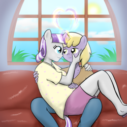 Size: 3000x3000 | Tagged: safe, artist:empyu, dinky hooves, twilight velvet, anthro, g4, adultery, couch, crack shipping, cuddling, dinkyvelvet, explicit source, female, high res, infidelity, lesbian, magic, older, pregnant, shipping, snuggling