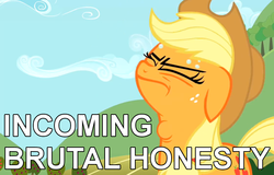 Size: 701x448 | Tagged: safe, applejack, g4, brutal honesty, female, honesty, reaction image, solo, swallowing