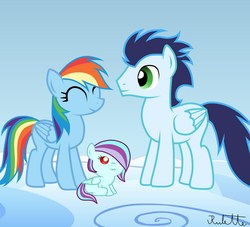 Size: 1024x931 | Tagged: safe, artist:rulette, rainbow dash, soarin', oc, oc:crisp breeze, g4, female, male, offspring, parent:rainbow dash, parent:soarin', parents:soarindash, ship:soarindash, shipping, straight