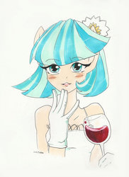 Size: 763x1048 | Tagged: safe, artist:yuki-chan001, coco pommel, human, g4, blushing, clothes, eared humanization, female, gloves, humanized, solo, traditional art, wine glass
