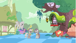 Size: 960x540 | Tagged: safe, edit, screencap, applejack, fluttershy, pinkie pie, tom, earth pony, pegasus, pony, g4, the return of harmony, animated, discorded landscape, element of honesty, element of kindness, element of laughter, female, golden oaks library, green sky, library, mare, pinkie sense, trio, twitchy tail