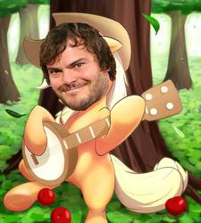 Size: 500x556 | Tagged: safe, artist:aymint, edit, applejack, g4, banjo, celebrity, face swap, female, jack black, male, musical instrument, photoshop, pun, solo