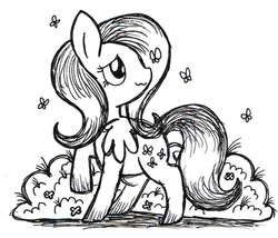 Size: 500x428 | Tagged: safe, artist:daieny, fluttershy, butterfly, g4, :3, cute, female, garden, monochrome, pen, raised hoof, smiling, solo, traditional art