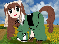 Size: 1600x1201 | Tagged: safe, artist:yuu, earth pony, pony, anime, clothes, cute, day, green eyes, heterochromia, looking at you, ponified, red eyes, rozen maiden, solo, suiseiseki