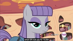 Size: 1276x719 | Tagged: safe, screencap, maud pie, g4, maud pie (episode), female, golden oaks library, hub logo, looking at you, meme, solo, youtube caption