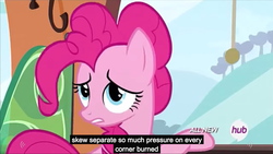 Size: 1276x719 | Tagged: safe, screencap, pinkie pie, g4, maud pie (episode), female, hub logo, meme, solo, train, youtube caption