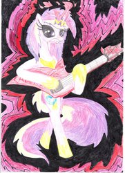 Size: 1024x1412 | Tagged: safe, artist:tosterina, princess cadance, g4, electric guitar, eyeshadow, female, guitar, horn, horn ring, magic, musical instrument, solo, traditional art