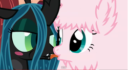 Size: 642x354 | Tagged: safe, artist:mixermike622, queen chrysalis, oc, oc:fluffle puff, g4, blushing, frosting, kissing